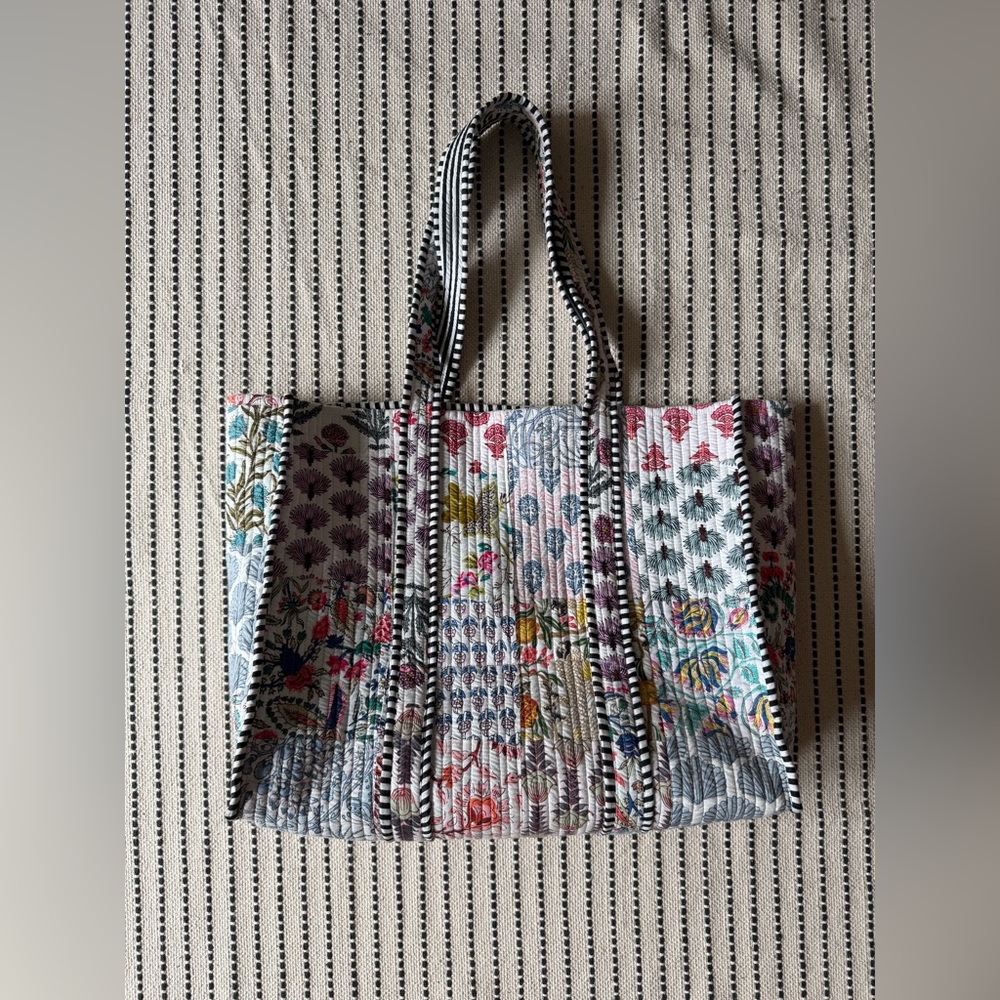 Large Reversible Kantha Quilted Printed Tote Bag Stripes Travel